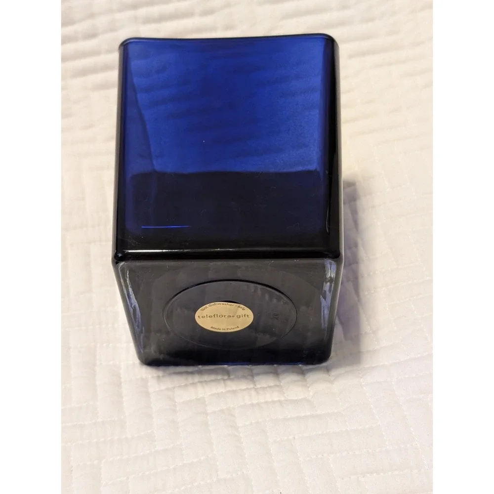 POLAND‎ TELEFLORA COBALT BLUE SQUARE GLASS VASE PLANTER 4